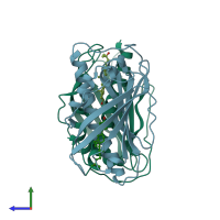 PDB entry 6bym coloured by chain, side view.