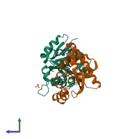 PDB entry 6bzg coloured by chain, side view.