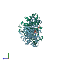 PDB entry 6bzr coloured by chain, side view.