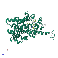 Monomeric assembly 1 of PDB entry 6c7g coloured by chemically distinct molecules, top view.