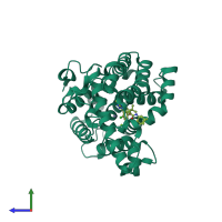 Monomeric assembly 3 of PDB entry 6c7g coloured by chemically distinct molecules, side view.