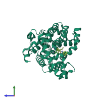 Monomeric assembly 4 of PDB entry 6c7g coloured by chemically distinct molecules, side view.