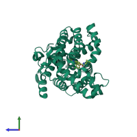 Monomeric assembly 2 of PDB entry 6c7i coloured by chemically distinct molecules, side view.