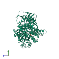 Monomeric assembly 1 of PDB entry 6ca3 coloured by chemically distinct molecules, side view.