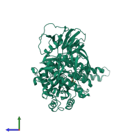 Monomeric assembly 2 of PDB entry 6ca3 coloured by chemically distinct molecules, side view.