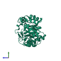Monomeric assembly 1 of PDB entry 6caf coloured by chemically distinct molecules, side view.