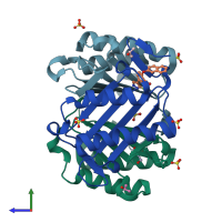 PDB entry 6cbh coloured by chain, side view.