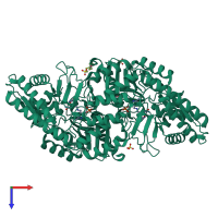 Homo dimeric assembly 2 of PDB entry 6cbo coloured by chemically distinct molecules, top view.