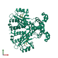 Homo dimeric assembly 1 of PDB entry 6cbq coloured by chemically distinct molecules, front view.