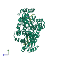 Homo dimeric assembly 1 of PDB entry 6cbq coloured by chemically distinct molecules, side view.