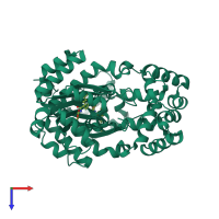 Homo dimeric assembly 1 of PDB entry 6cbq coloured by chemically distinct molecules, top view.