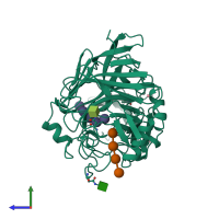 PDB entry 6cel coloured by chain, side view.