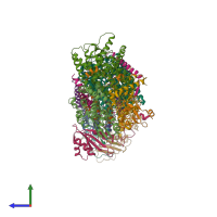 PDB entry 6cfw coloured by chain, side view.