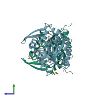 PDB entry 6cod coloured by chain, side view.