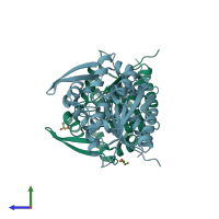 PDB entry 6cof coloured by chain, side view.