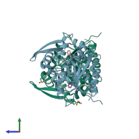 PDB entry 6cog coloured by chain, side view.