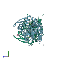 PDB entry 6coh coloured by chain, side view.