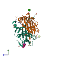 PDB entry 6cpn coloured by chain, side view.