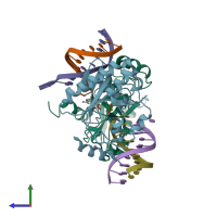 PDB entry 6cvr coloured by chain, side view.