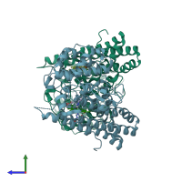 PDB entry 6cxu coloured by chain, side view.