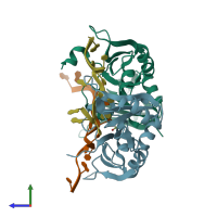 PDB entry 6dcl coloured by chain, side view.