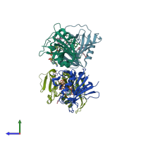 PDB entry 6ddp coloured by chain, side view.