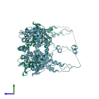 PDB entry 6ddq coloured by chain, side view.