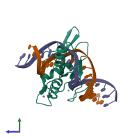 PDB entry 6dfb coloured by chain, side view.