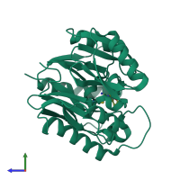 PDB entry 6dge coloured by chain, side view.