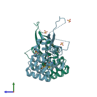 PDB entry 6dhw coloured by chain, side view.