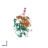 PDB entry 6dig coloured by chain, side view.