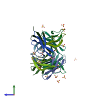 PDB entry 6dmm coloured by chain, side view.