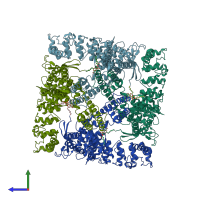 PDB entry 6dmu coloured by chain, side view.