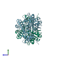 PDB entry 6dnd coloured by chain, side view.