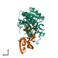 PDB entry 6du5 coloured by chain, side view.