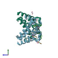 PDB entry 6duv coloured by chain, side view.