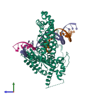 PDB entry 6dww coloured by chain, side view.