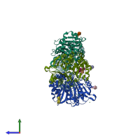 PDB entry 6dxw coloured by chain, side view.