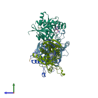 PDB entry 6dyy coloured by chain, side view.