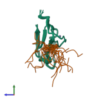 PDB entry 6e83 coloured by chain, ensemble of 20 models, side view.