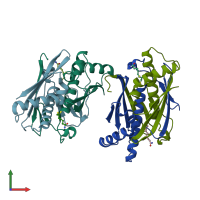 PDB entry 6ebg coloured by chain, front view.