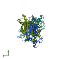 PDB entry 6ebg coloured by chain, side view.