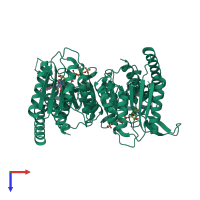 Homo dimeric assembly 1 of PDB entry 6ecq coloured by chemically distinct molecules, top view.