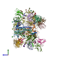 PDB entry 6edu coloured by chain, side view.