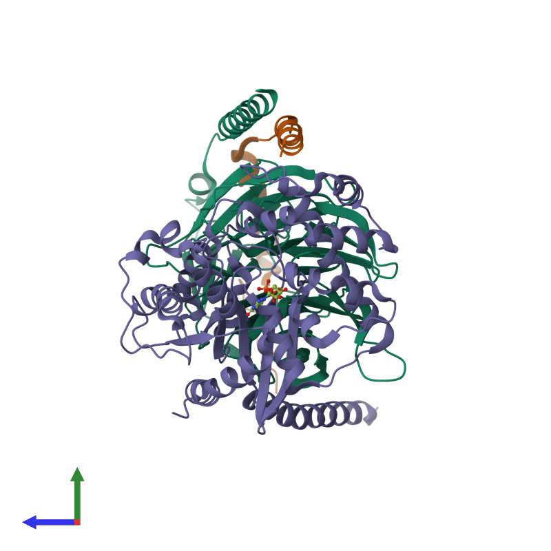 <div class='caption-body'><ul class ='image_legend_ul'> Trimeric assembly 1 of PDB entry 6eg8 coloured by chemically distinct molecules and viewed from the side. This assembly contains:<li class ='image_legend_li'>One copy of Guanine nucleotide-binding protein G(I)/G(S)/G(T) subunit beta-1</li><li class ='image_legend_li'>One copy of Guanine nucleotide-binding protein G(I)/G(S)/G(O) subunit gamma-2</li><li class ='image_legend_li'>One copy of Guanine nucleotide-binding protein G(s) subunit alpha isoforms short</li><li class ='image_legend_li'>One copy of GUANOSINE-5'-DIPHOSPHATE</li><li class ='image_legend_li'>One copy of MAGNESIUM ION</li></ul></div>