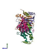 PDB entry 6ehp coloured by chain, side view.