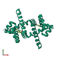 Homo dimeric assembly 2 of PDB entry 6ejw coloured by chemically distinct molecules, front view.
