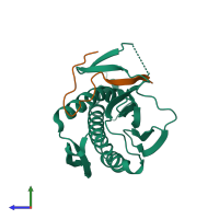 PDB entry 6ekl coloured by chain, side view.