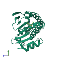 PDB entry 6elp coloured by chain, side view.