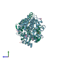 PDB entry 6elx coloured by chain, side view.